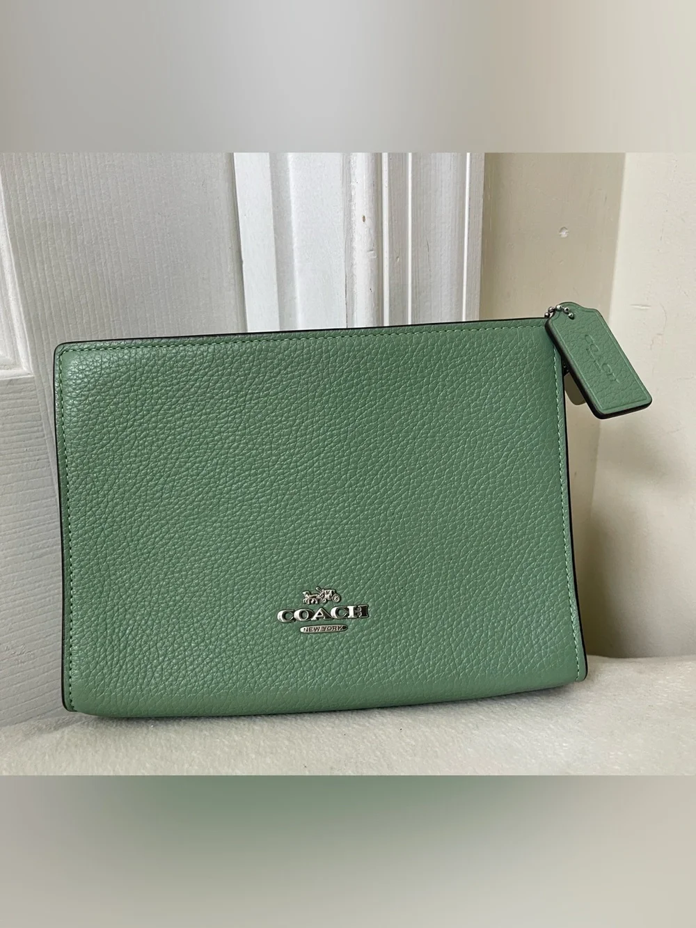 Coach Mint Green Pebbled Leather Wristlet Clutch